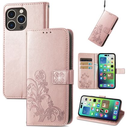 Mobigear Clover Housse iPhone 15 Pro Etui Porte-Monnaie - Rose doré
