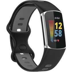 Mobigear Sport Dual Bracelet Silicone pour Fitbit Charge 5 Fermeture à clou et passant - Noir / Gris